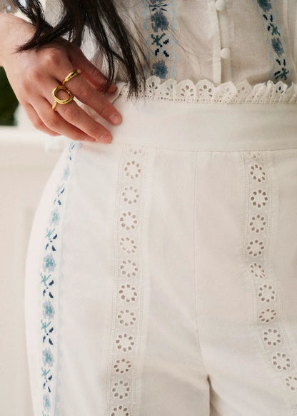 White with Blue Floral Embroidery