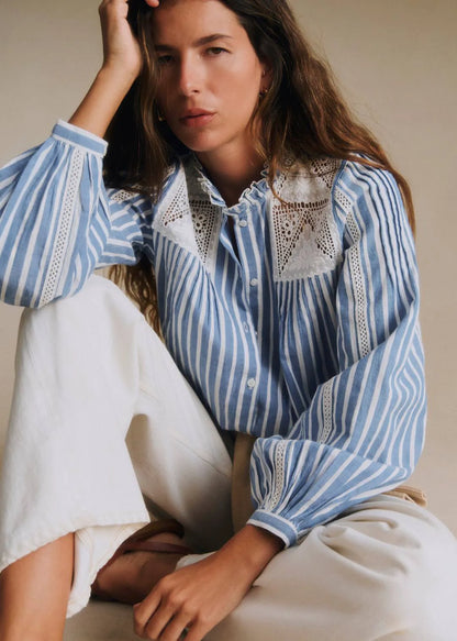 Blue and White Stripes with Embroidery