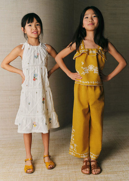 Ecru with Contrasting Tricolor Embroidery