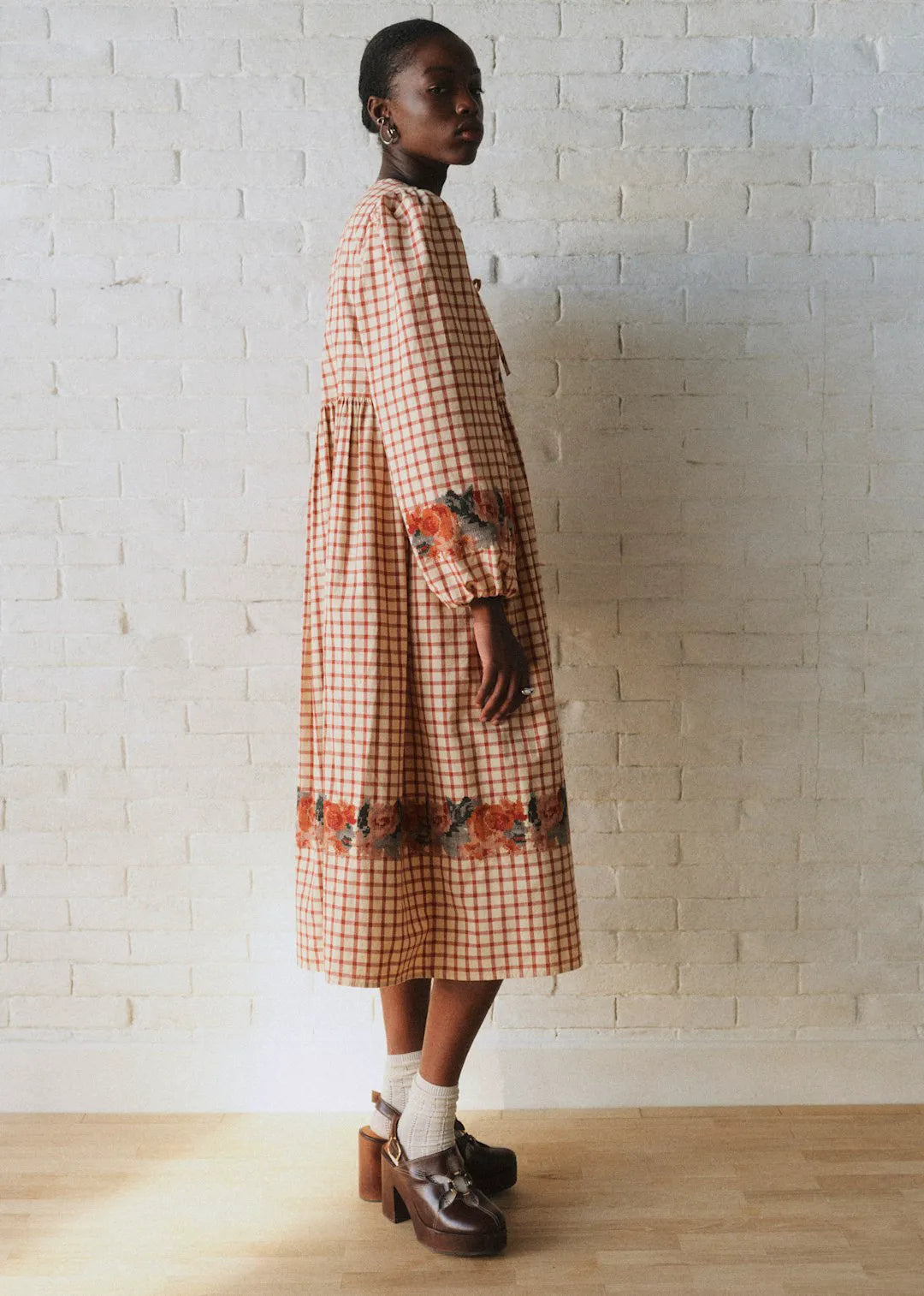 Checked Print with Floral Embroidery