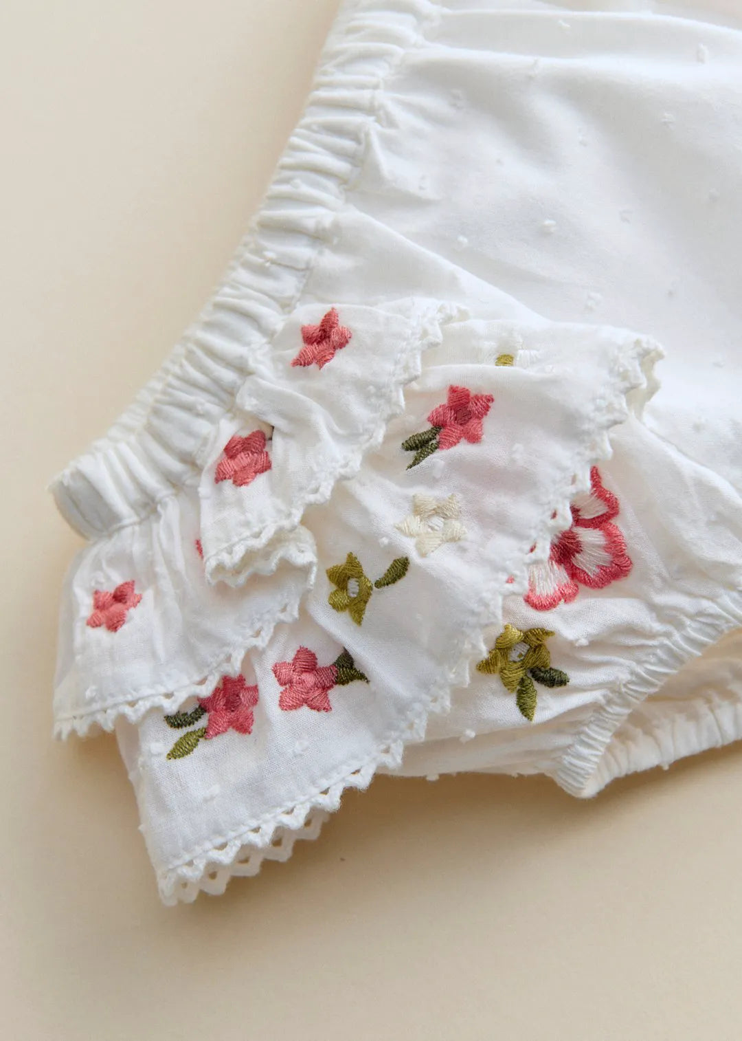 Ecru with Contrasting Tricolor Embroidery