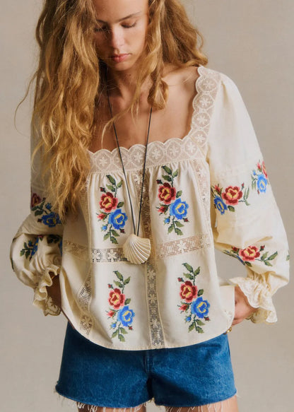Ecru with Placed Multicolored Ecru Embroidery