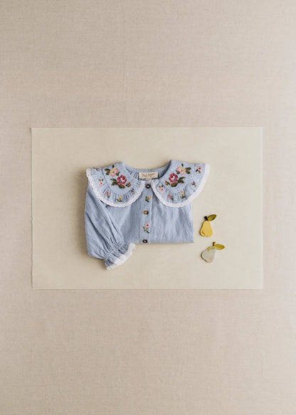 Blue Stripe Voile & Meadow Embroidery