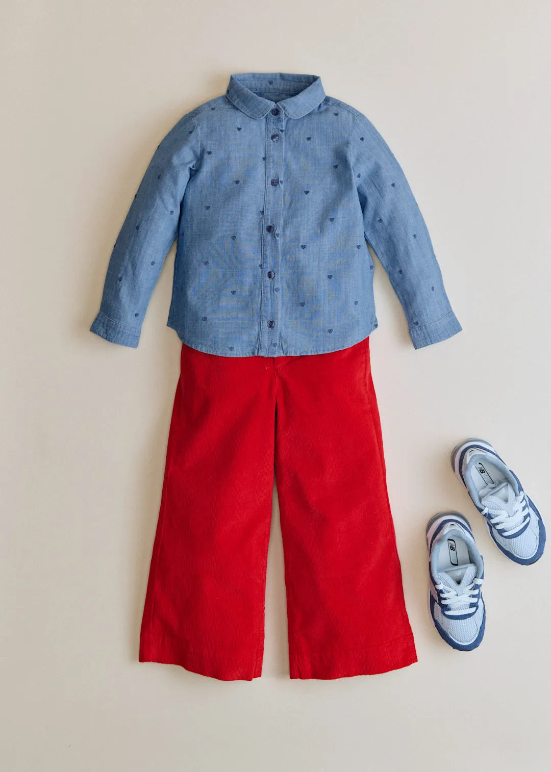Chambray with embroidered navy hearts