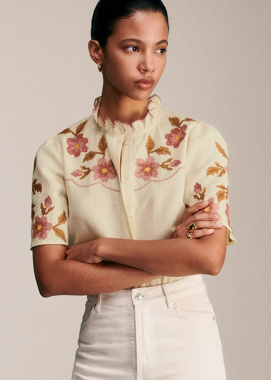 Ecru with Contrasting Flower Embroidery - Solidarity Creation