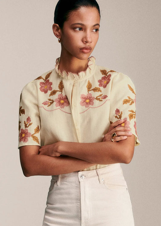 Ecru with Contrasting Flower Embroidery - Solidarity Creation