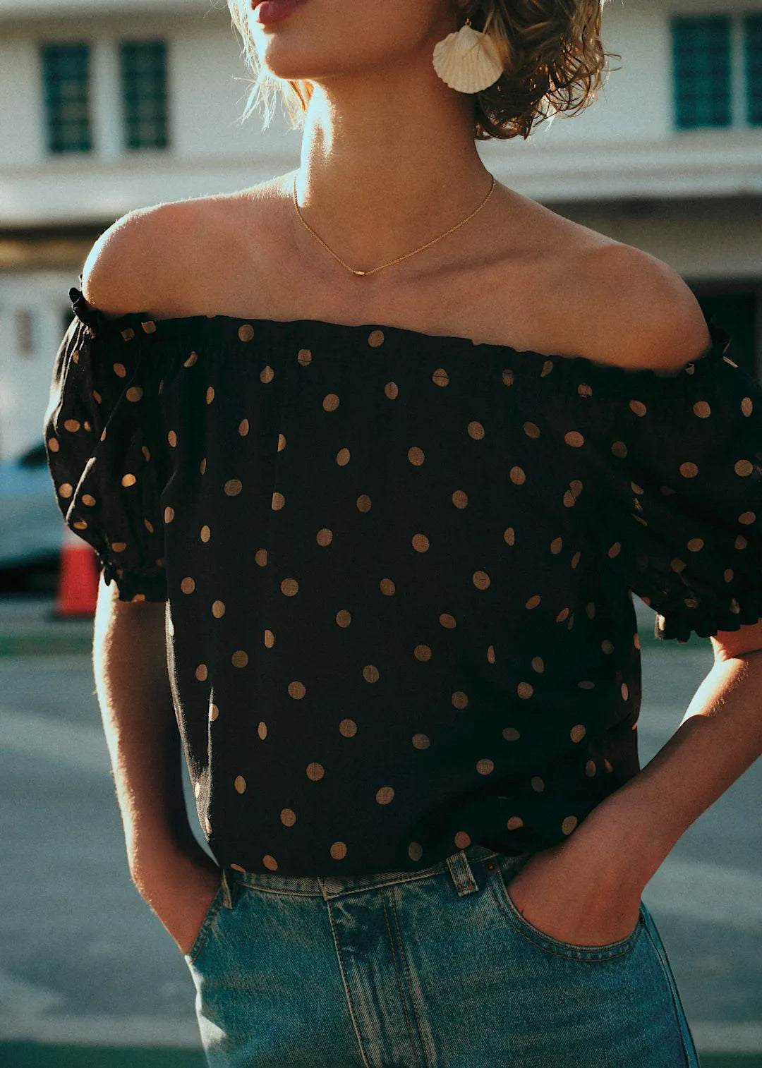 Beige Polka Dots Black Background Print