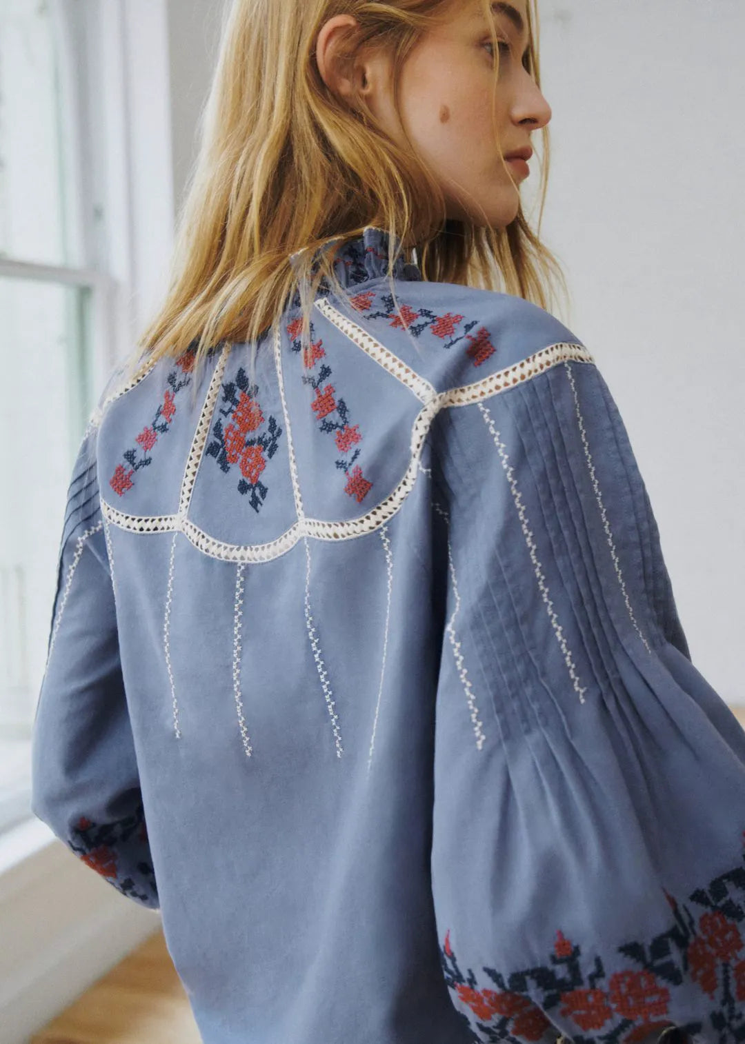Blue with Contrasting Brick Embroidery