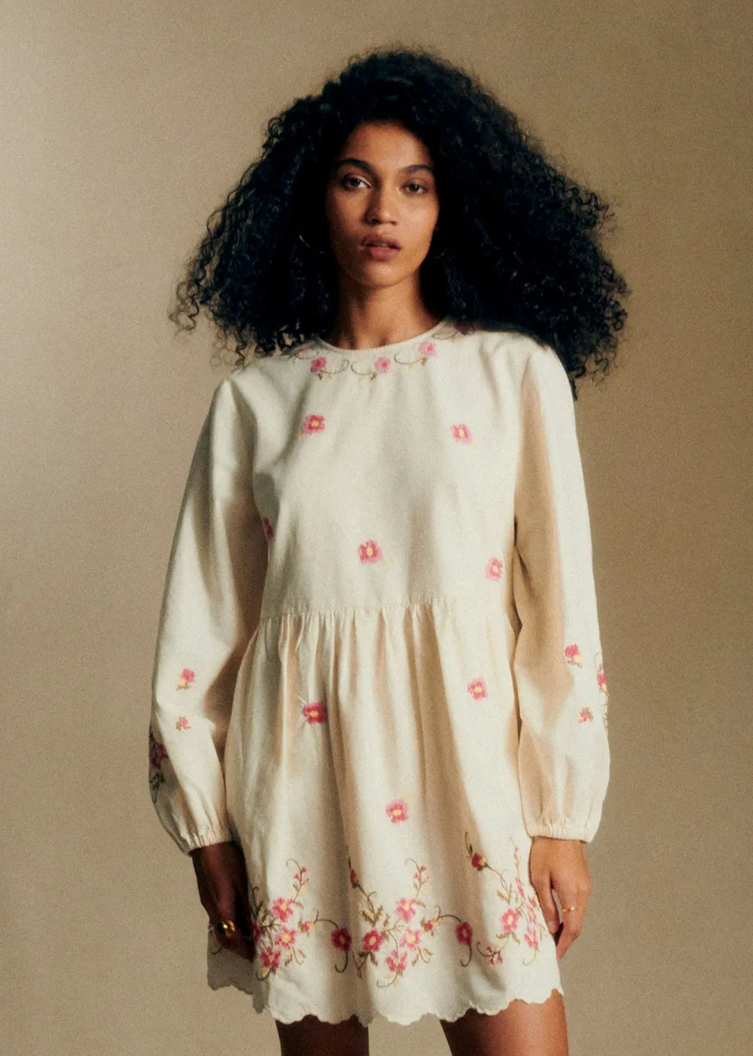 Cream with Pink Floral Embroidery