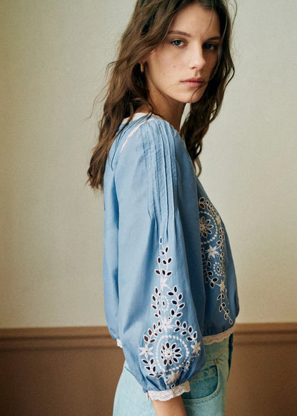 Ecru Contrasting Embroidery Chambray Background