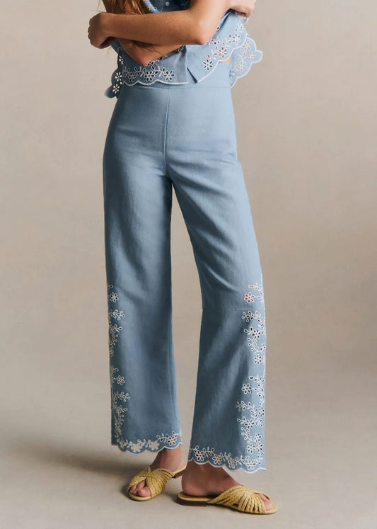 Vintage Blue with Contrasting Ecru Embroidery