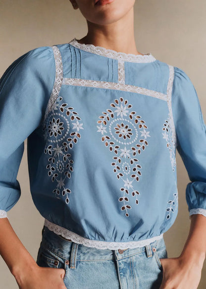 Ecru Contrasting Embroidery Chambray Background