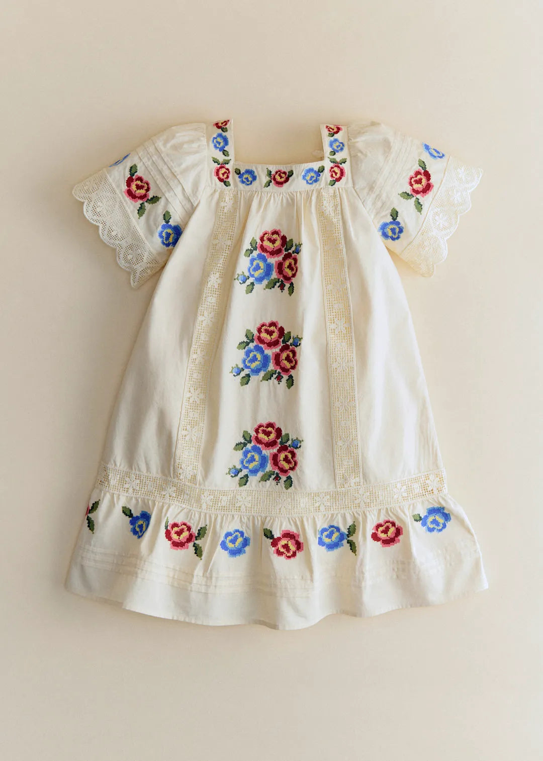 Ecru with Multicolored Floral Placed Embroidery
