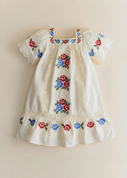Ecru with Multicolored Floral Placed Embroidery