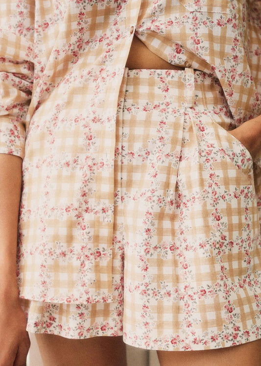 Beige Gingham and Floral Print
