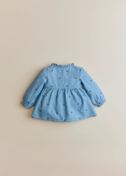 Chambray with embroidered navy hearts