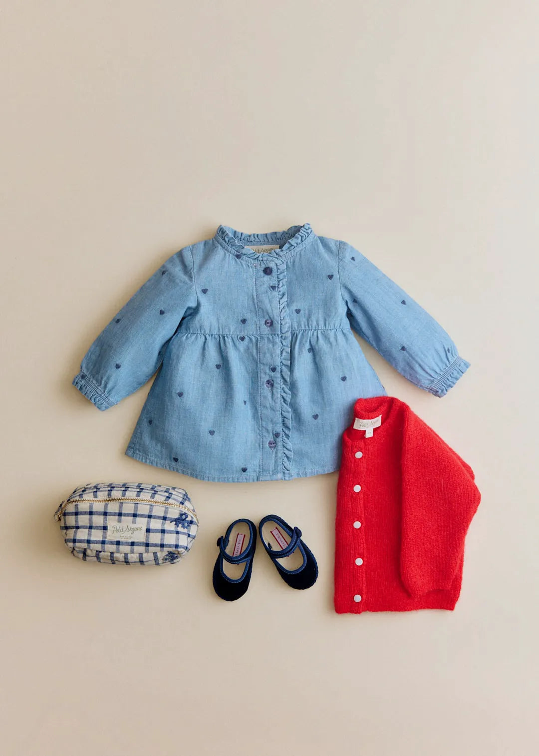 Chambray with embroidered navy hearts