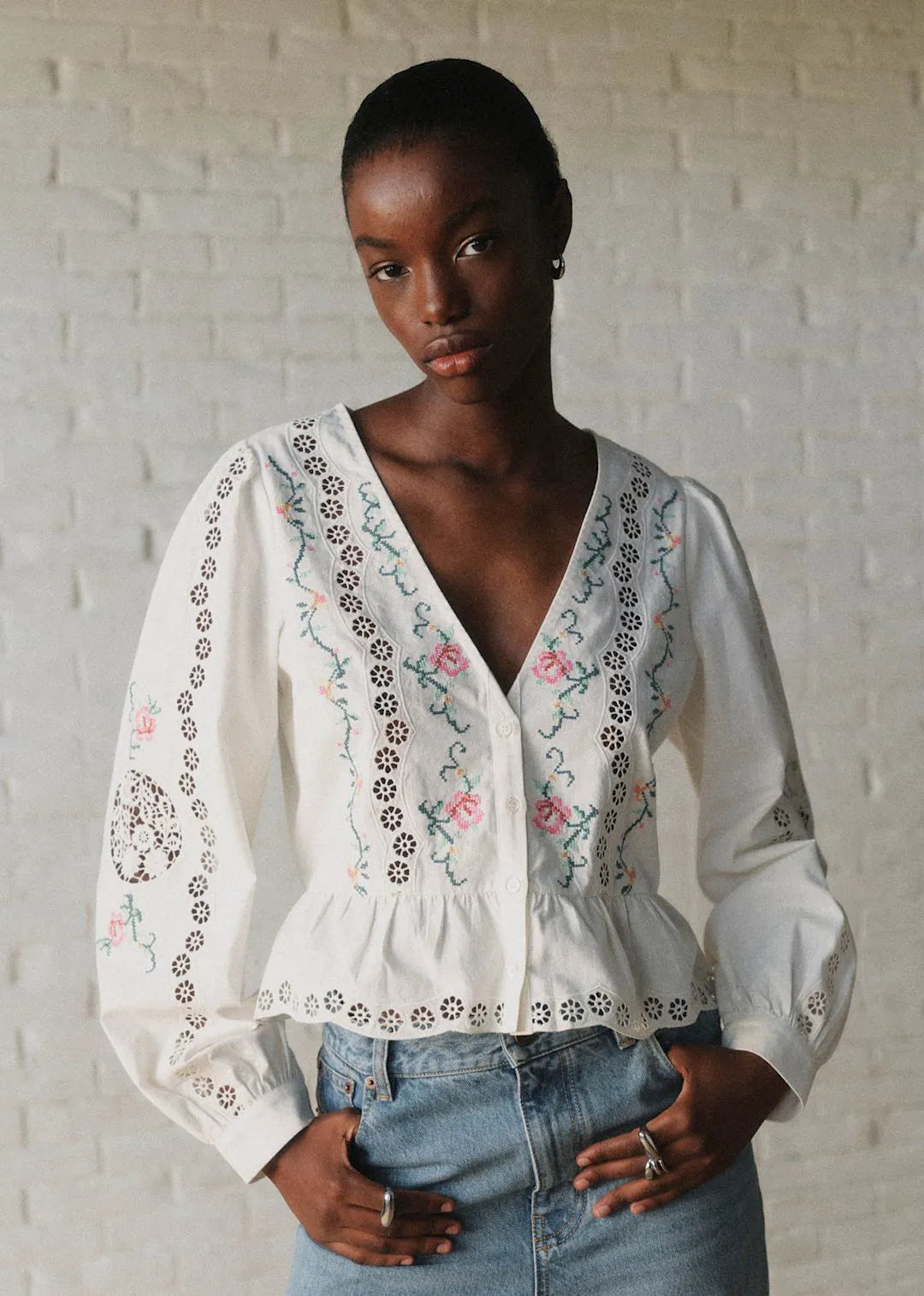 Ecru with Multicolored Embroidery
