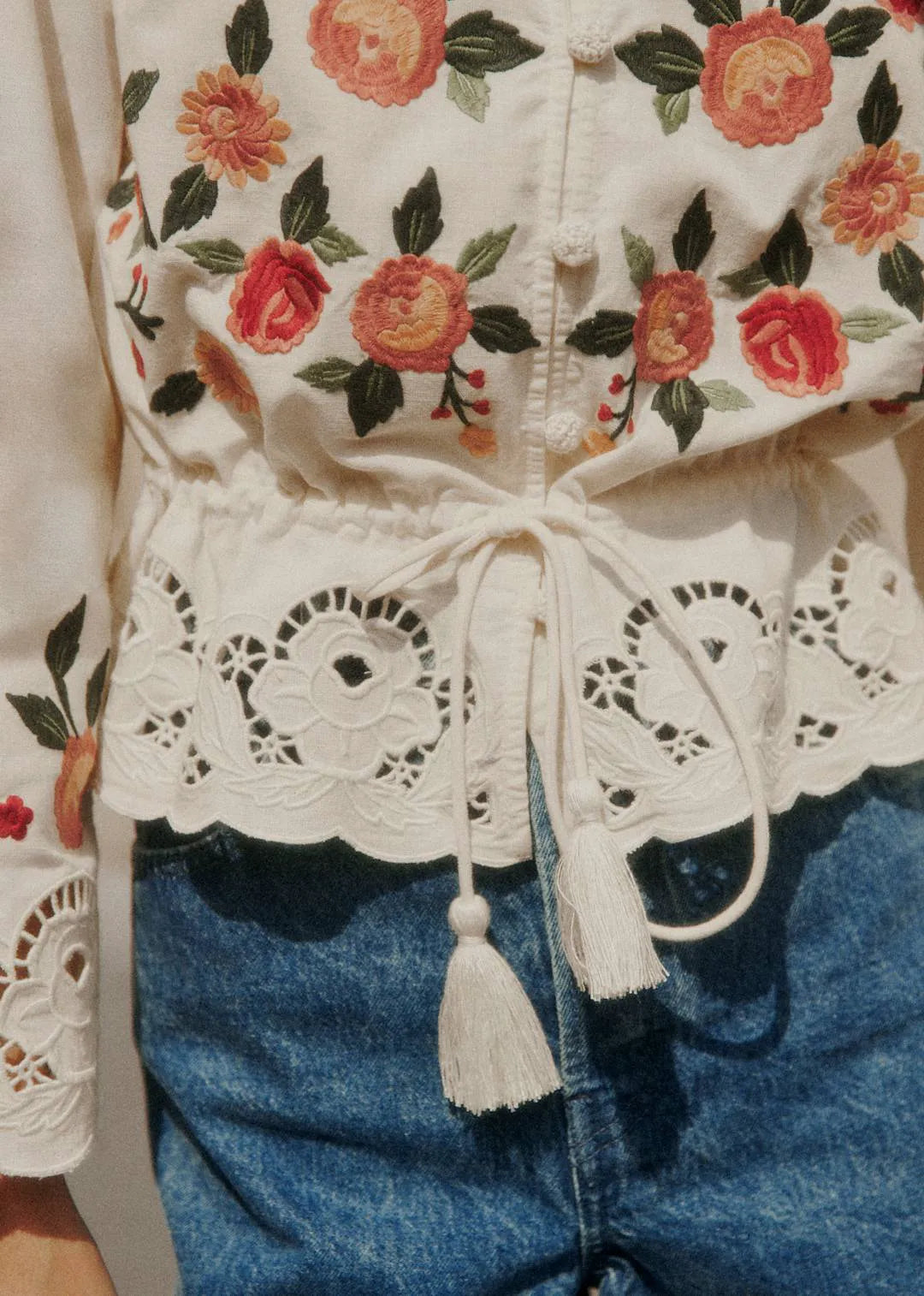 Ecru with Red and Pink Secret Garden Embroidery