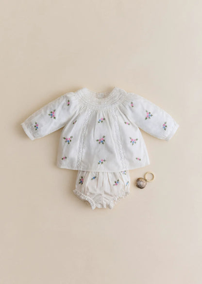 Placed Multicolored Flowers Embroidery On Cream