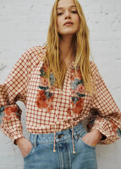 Checked Print with Floral Embroidery
