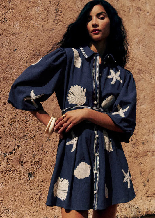 Blue with White Shell Embroidery