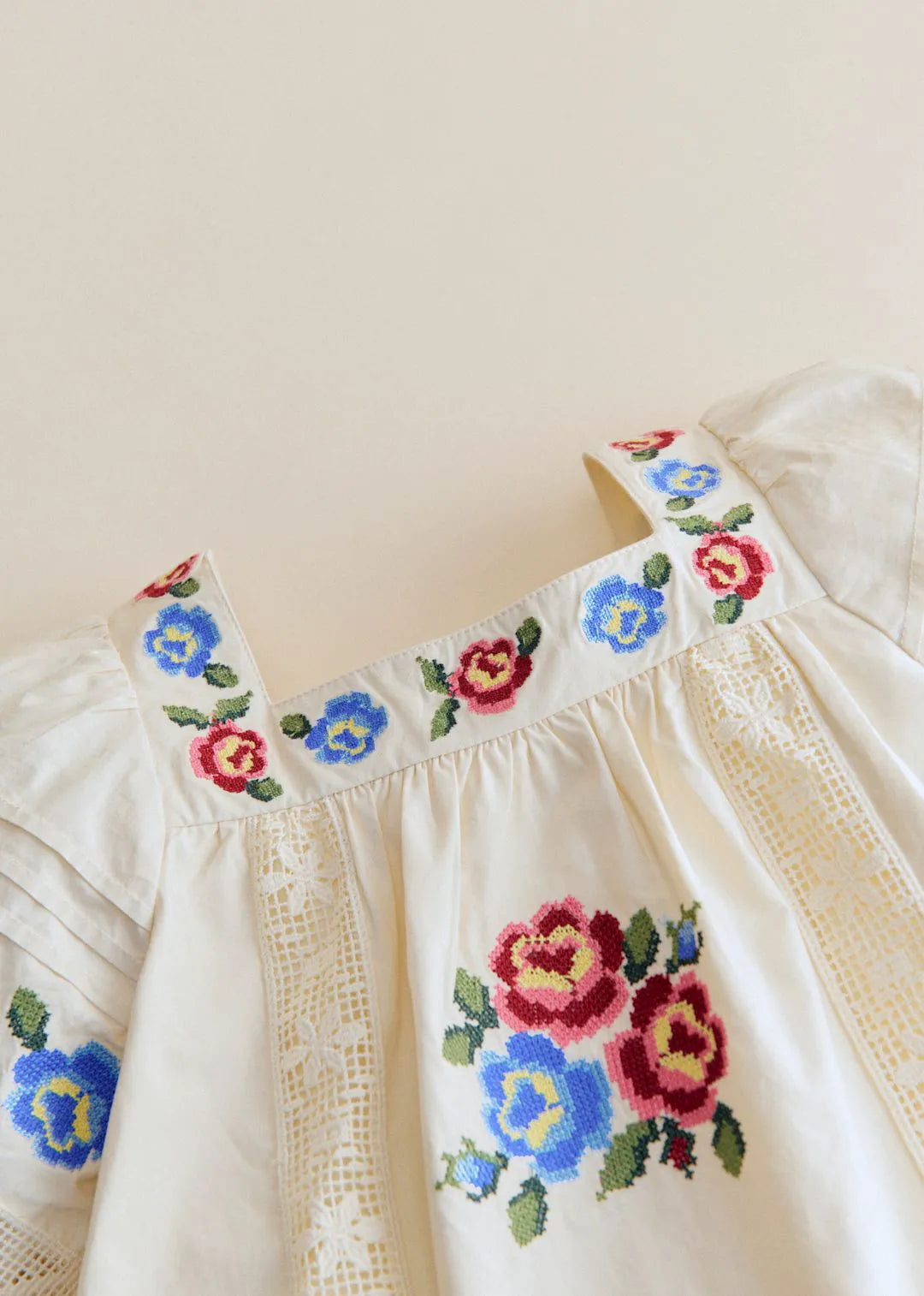 Ecru with Multicolored Floral Placed Embroidery