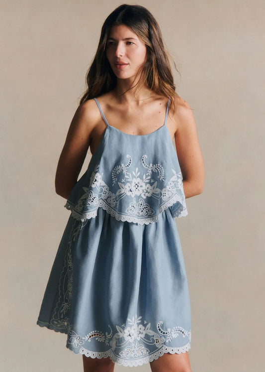 Blue with Ecru Contrasting Embroidery