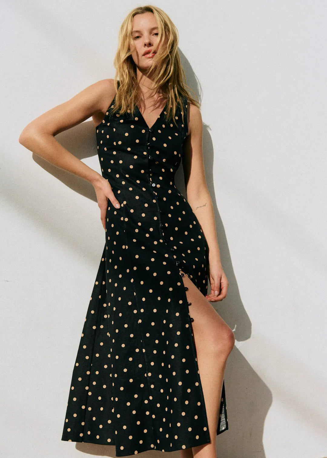 Beige Polka Dots Black Background Print