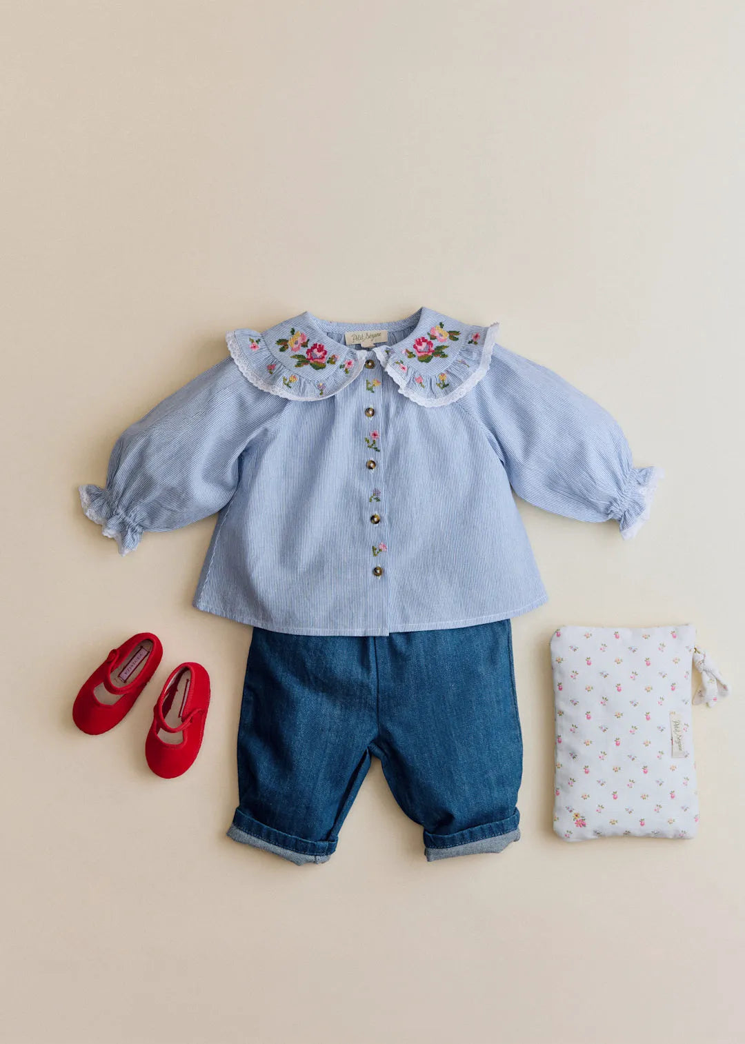 Blue Stripe Voile & Meadow Embroidery